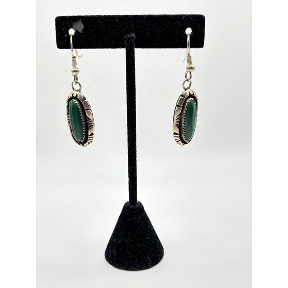 925 Vintage Sterling Silver Native American Navajo Oval Malachite Drop Earrings - Picture 6 of 7